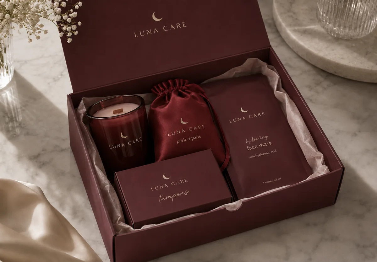 Open LUNA CARE box revealing a candle, satin pouch of period pads, tampons, and hydrating face mask on marble