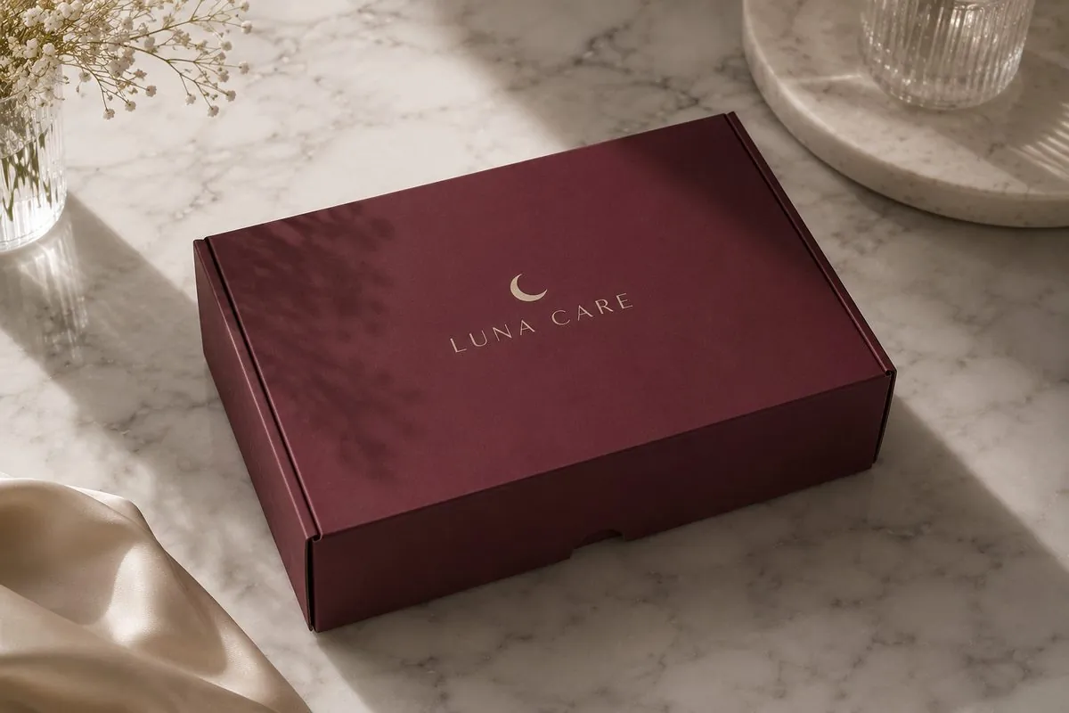 Elegant closed LUNA CARE box on marble surface