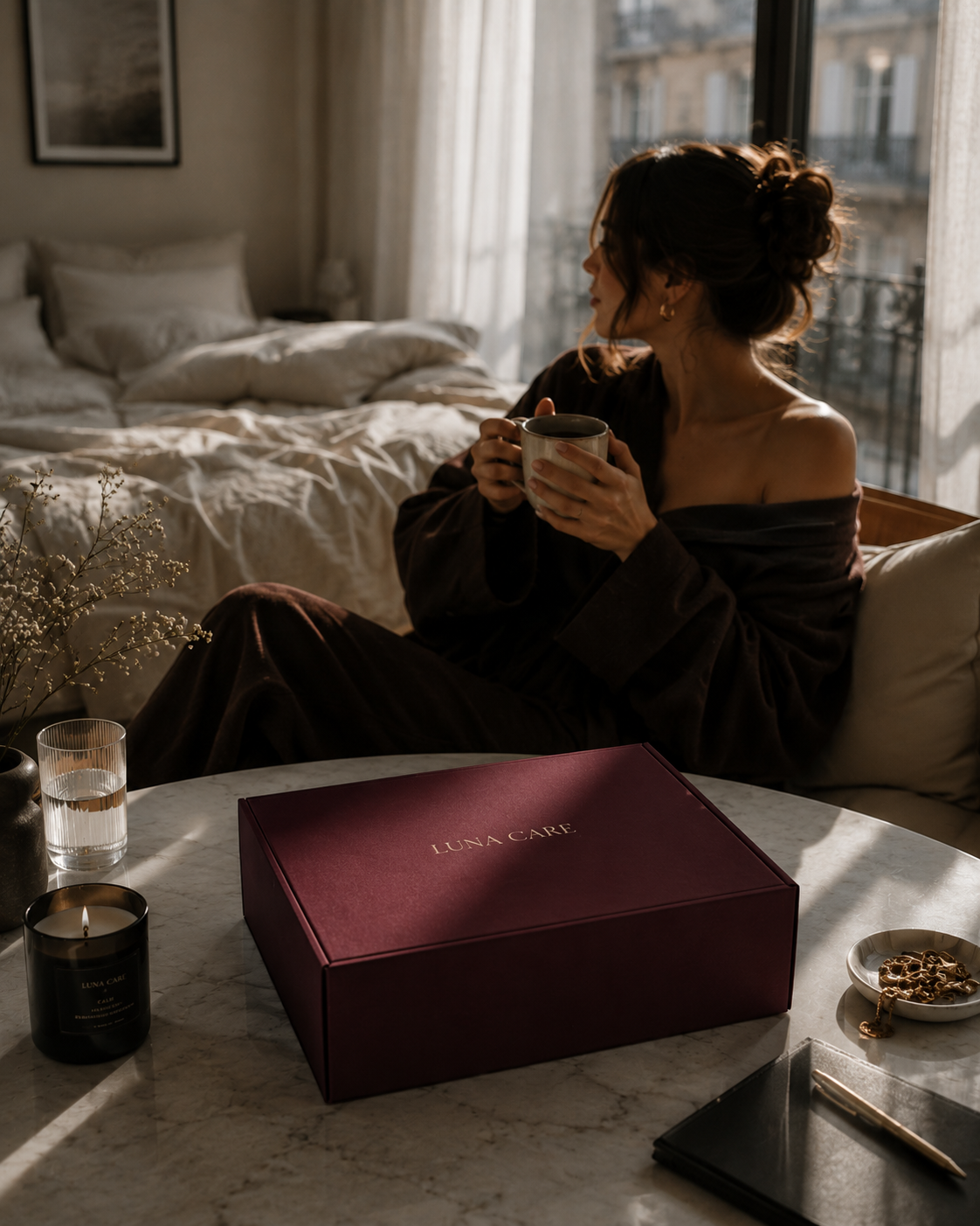 Luna Care ritual box on a marble table in soft morning light
